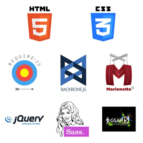 The technologies used in this e-learning framework - html5, css3 require.js, backbone.js, marionette.js, jQuery, Sass  and GSAP